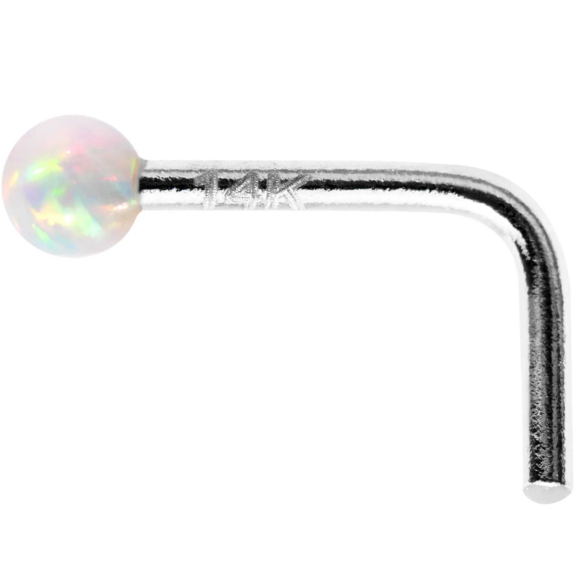 1/4 14kt White Gold White 2mm Synthetic Opal Ball L Shaped Nose Ring