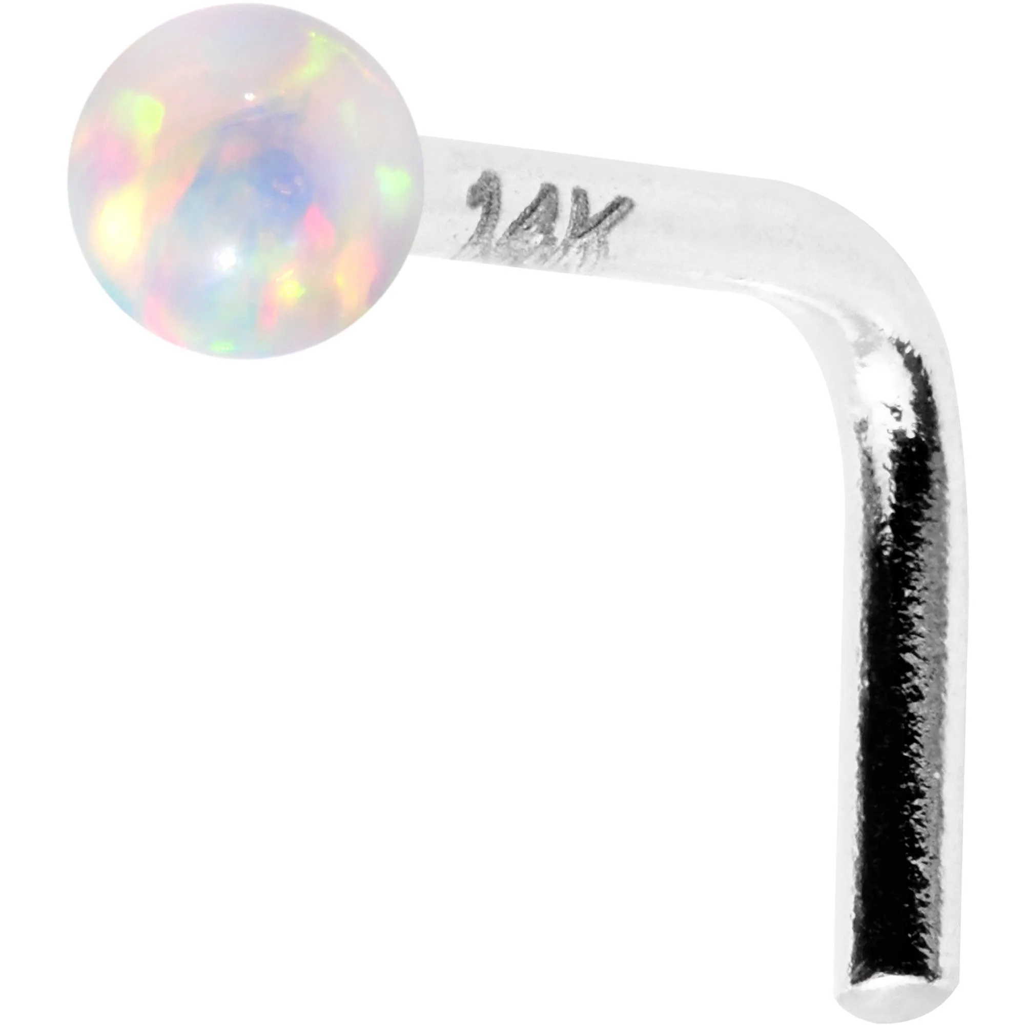 1/4 14kt White Gold White 2mm Synthetic Opal Ball L Shaped Nose Ring