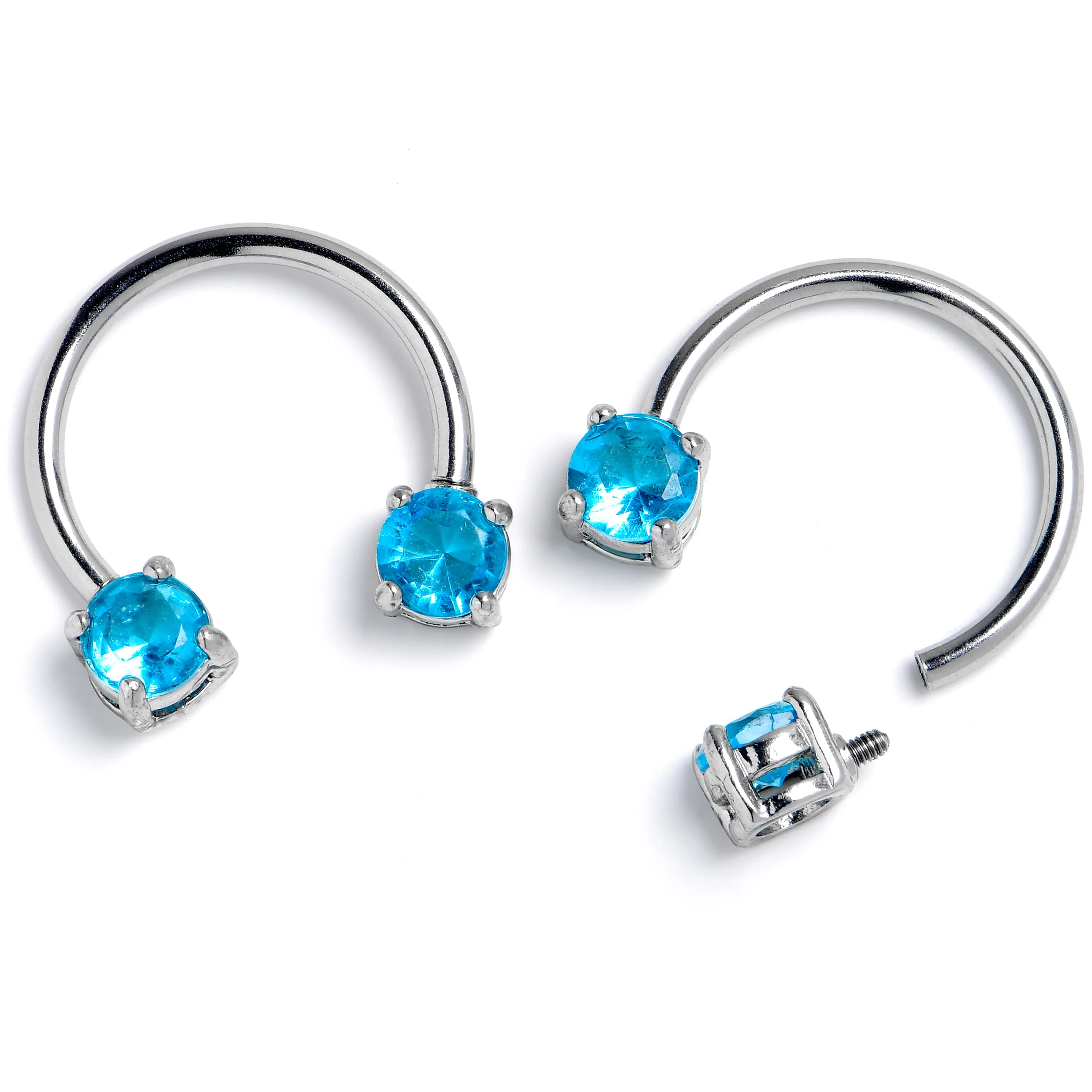 14 Gauge 9/16 Blue CZ Gem Round Internally Threaded Horseshoe Nipple Ring Set