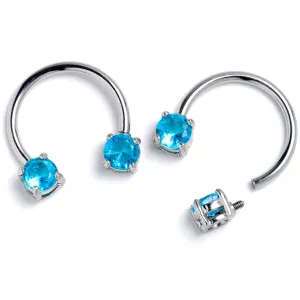 14 Gauge 9/16 Blue CZ Gem Round Internally Threaded Horseshoe Nipple Ring Set