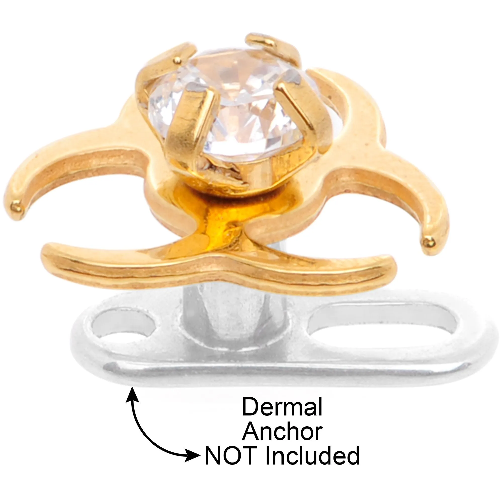 14 Gauge Clear Gem Gold Tone Biohazard Dermal Anchor Top