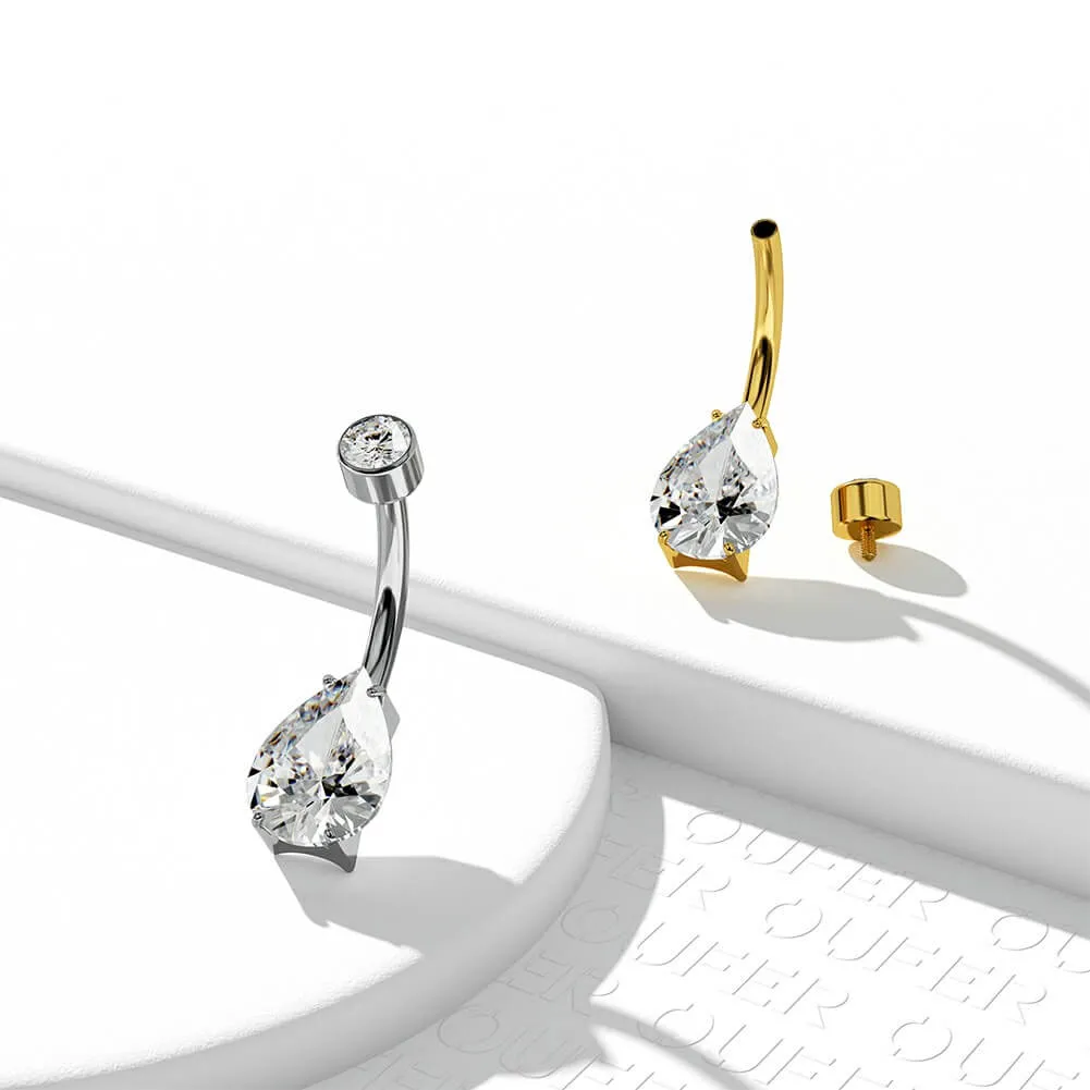 14G Titanium Internally Threaded Waterdrop CZ Belly Ring
