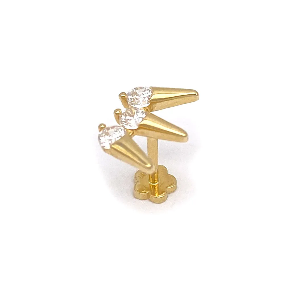 14k CZ Triple Rivet Spike Internal Threaded Stud