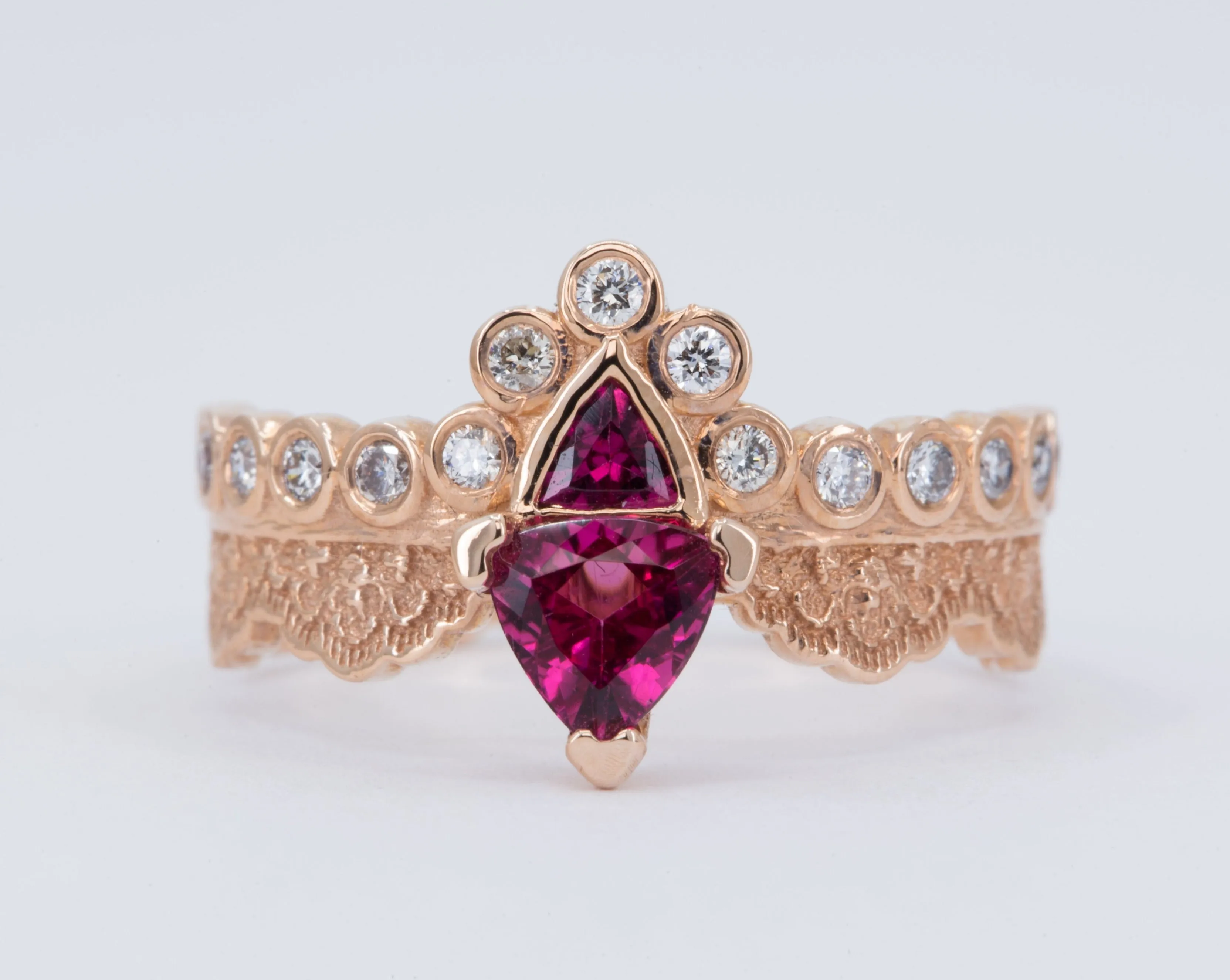 14K Rose Gold Lace Ring with Pink Tourmalines and Diamonds - Size 6.5