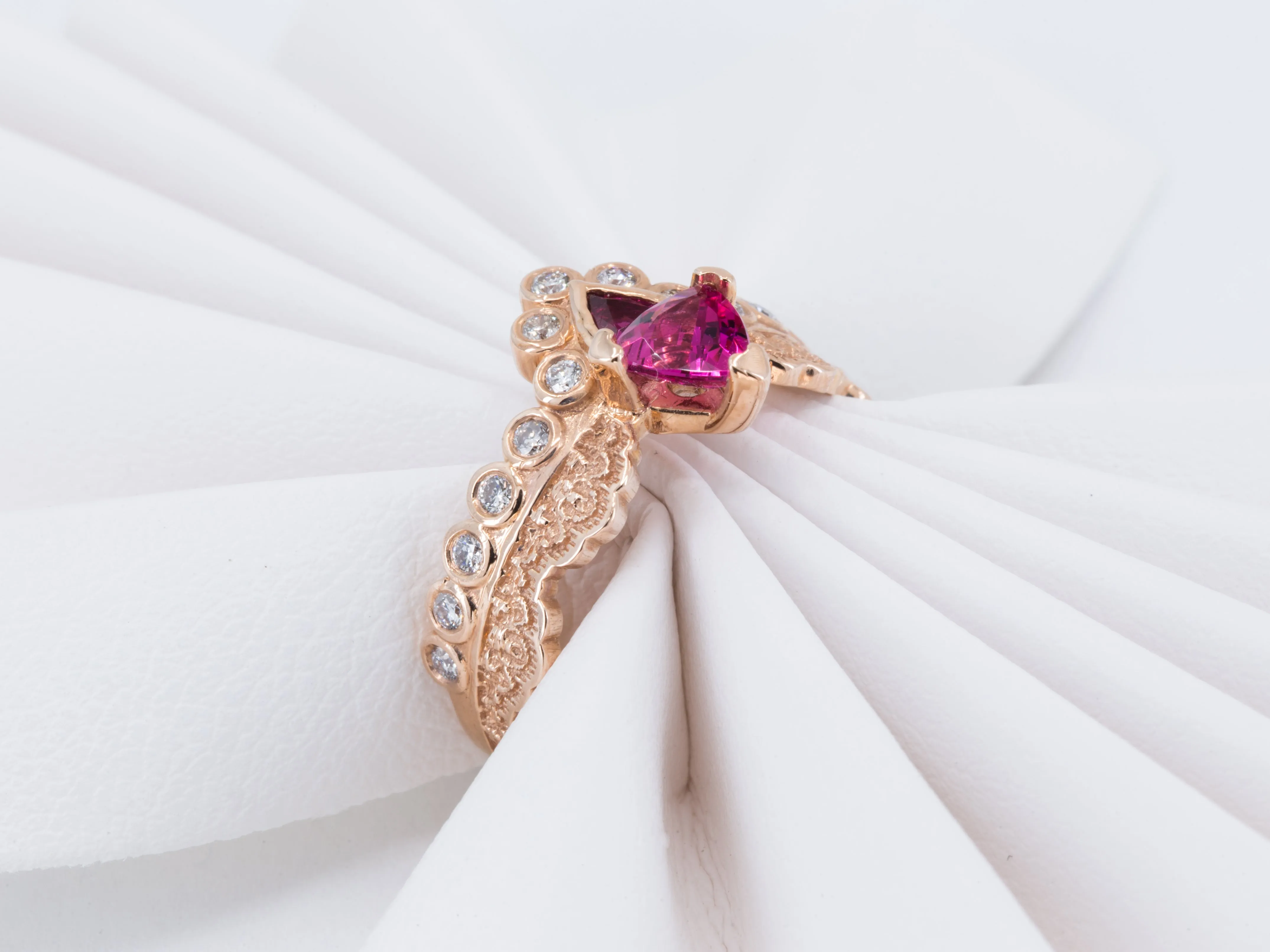 14K Rose Gold Lace Ring with Pink Tourmalines and Diamonds - Size 6.5