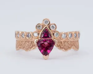 14K Rose Gold Lace Ring with Pink Tourmalines and Diamonds - Size 6.5