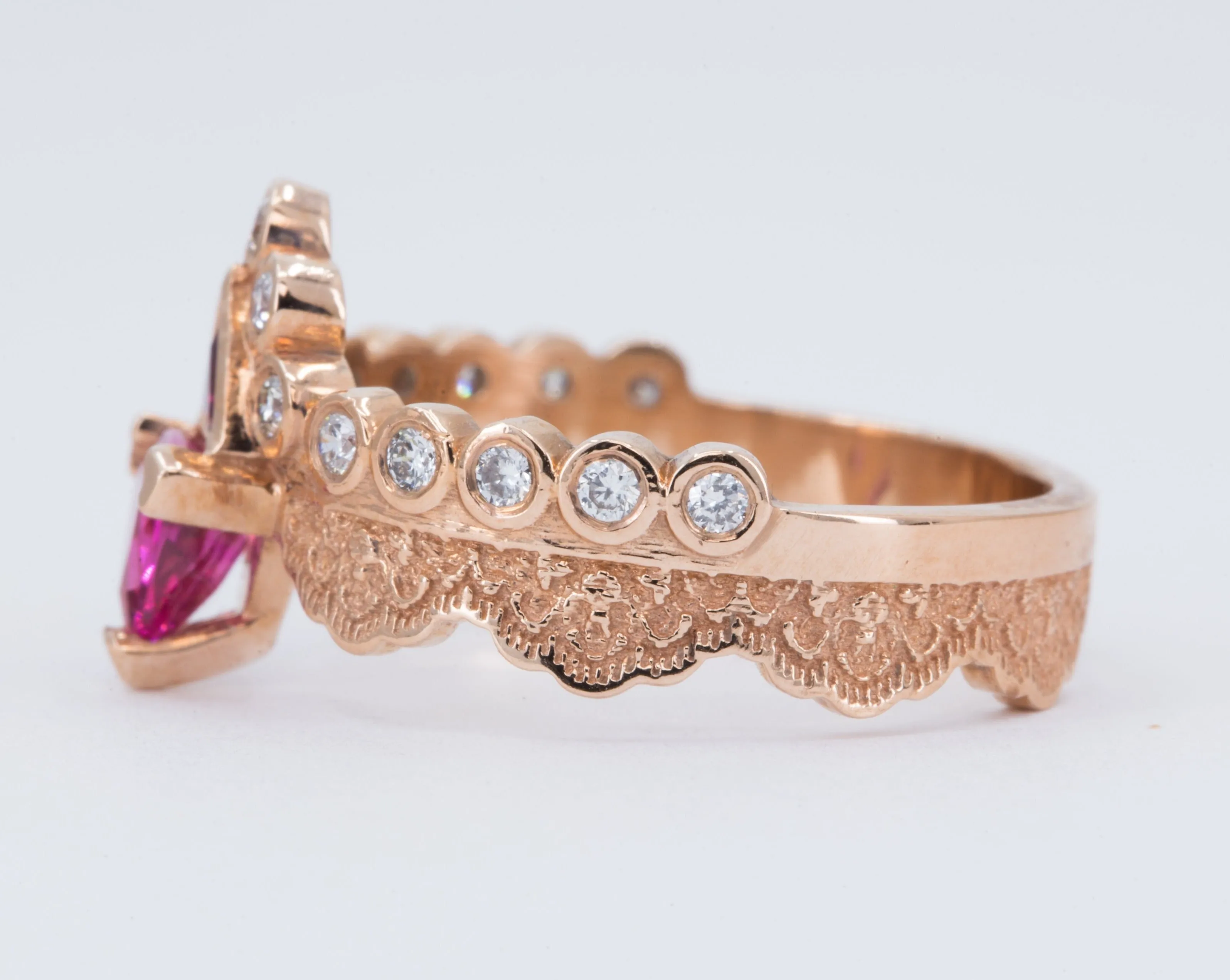 14K Rose Gold Lace Ring with Pink Tourmalines and Diamonds - Size 6.5