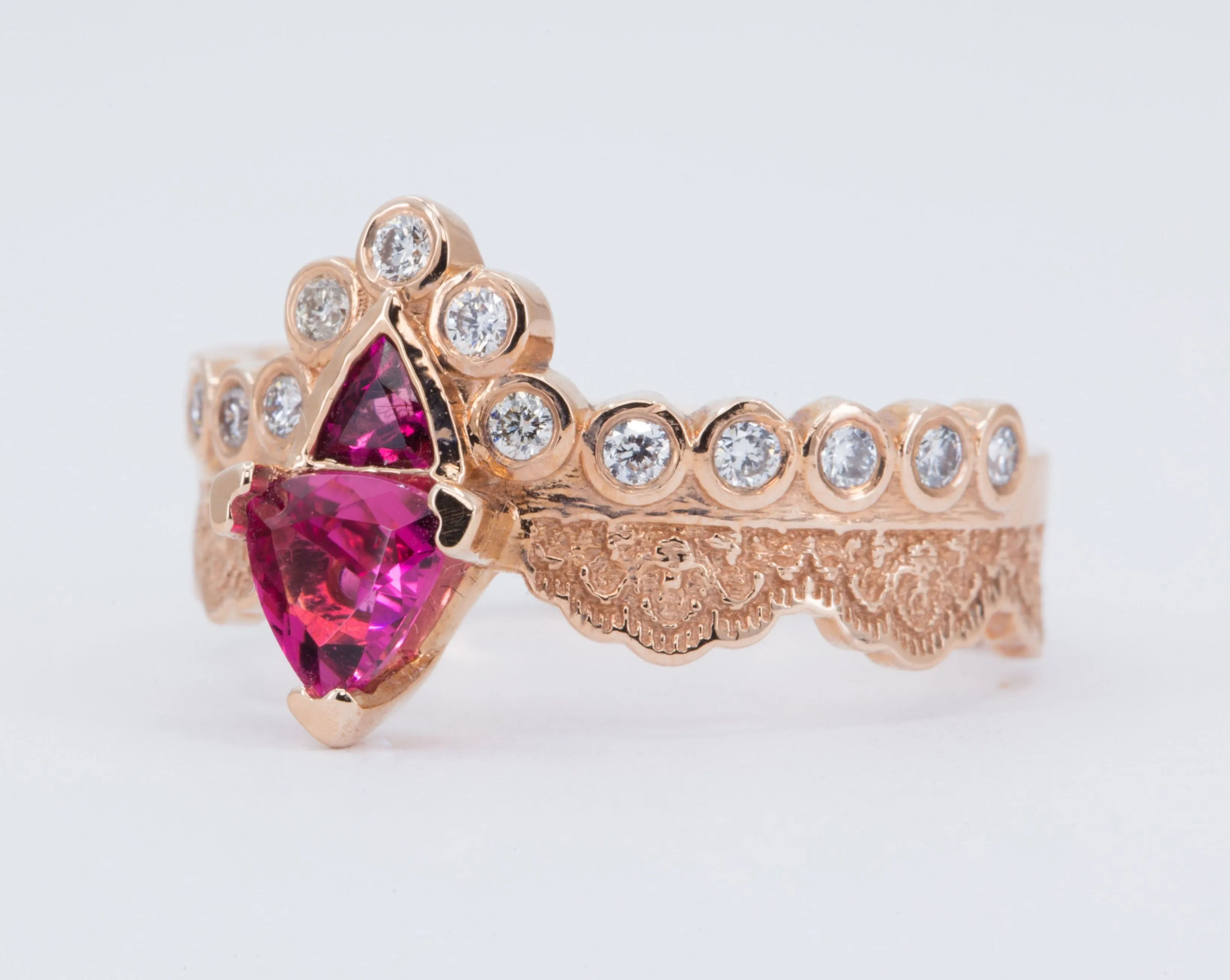 14K Rose Gold Lace Ring with Pink Tourmalines and Diamonds - Size 6.5