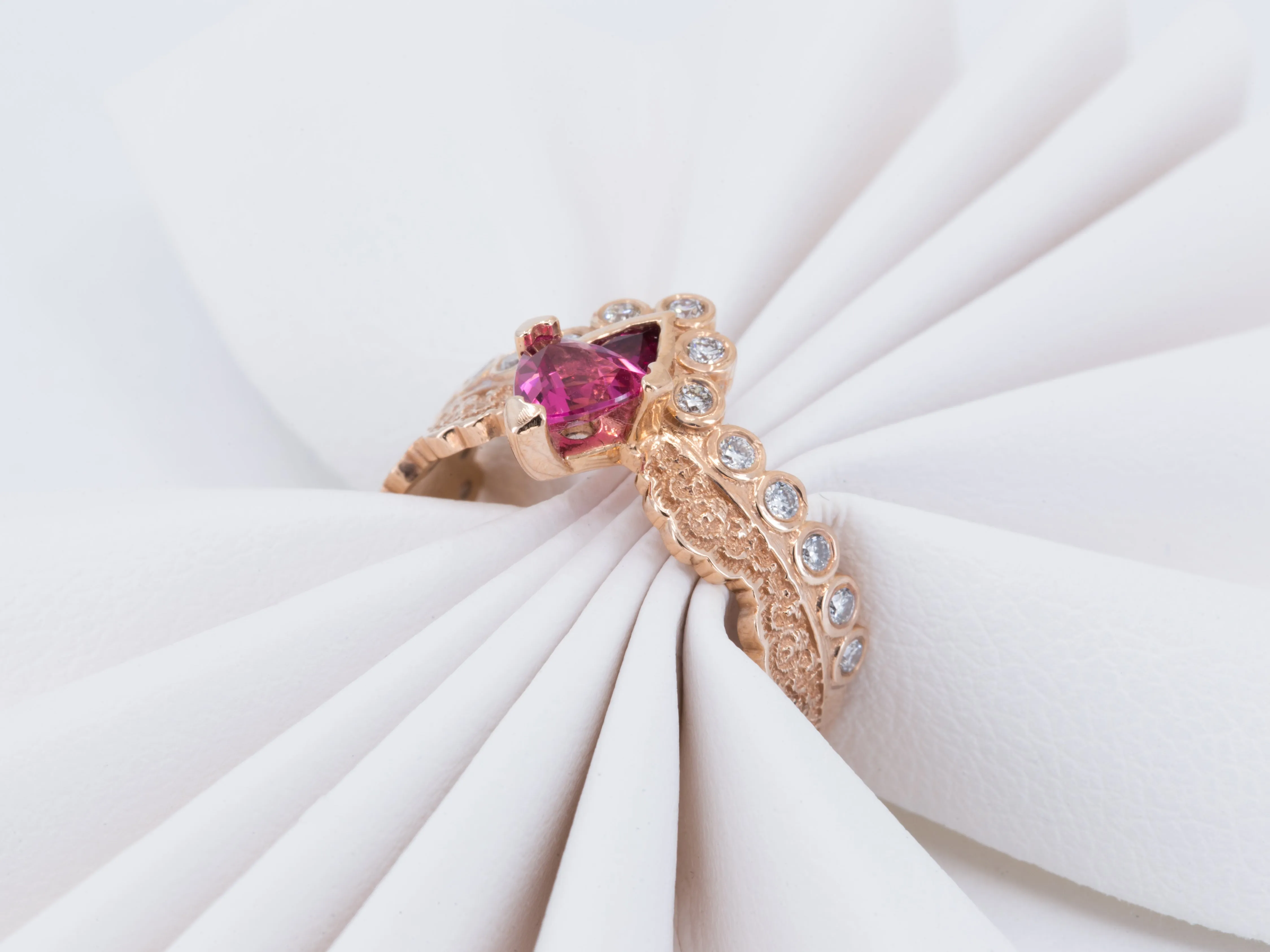 14K Rose Gold Lace Ring with Pink Tourmalines and Diamonds - Size 6.5