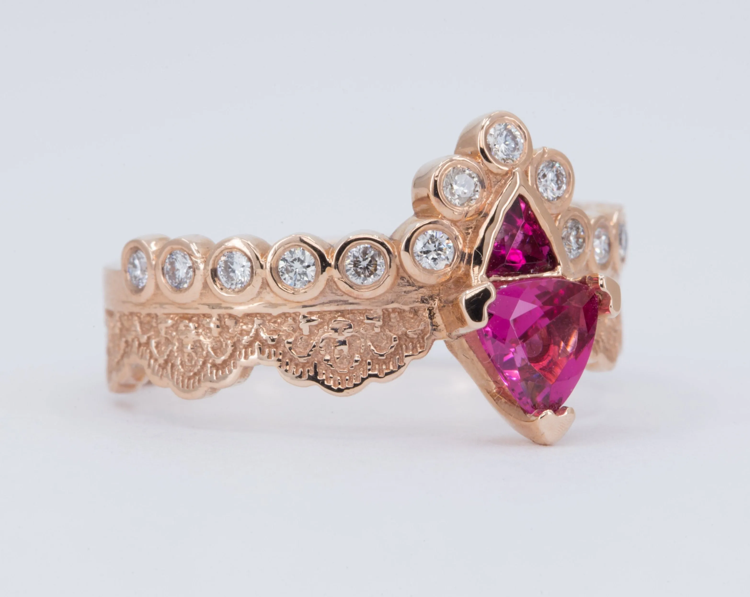 14K Rose Gold Lace Ring with Pink Tourmalines and Diamonds - Size 6.5