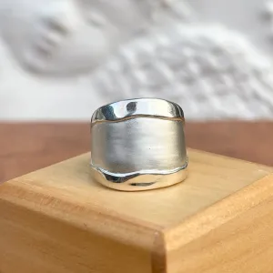 14KT White Gold Wide Artistic Polished   Matte Cigar Band Ring