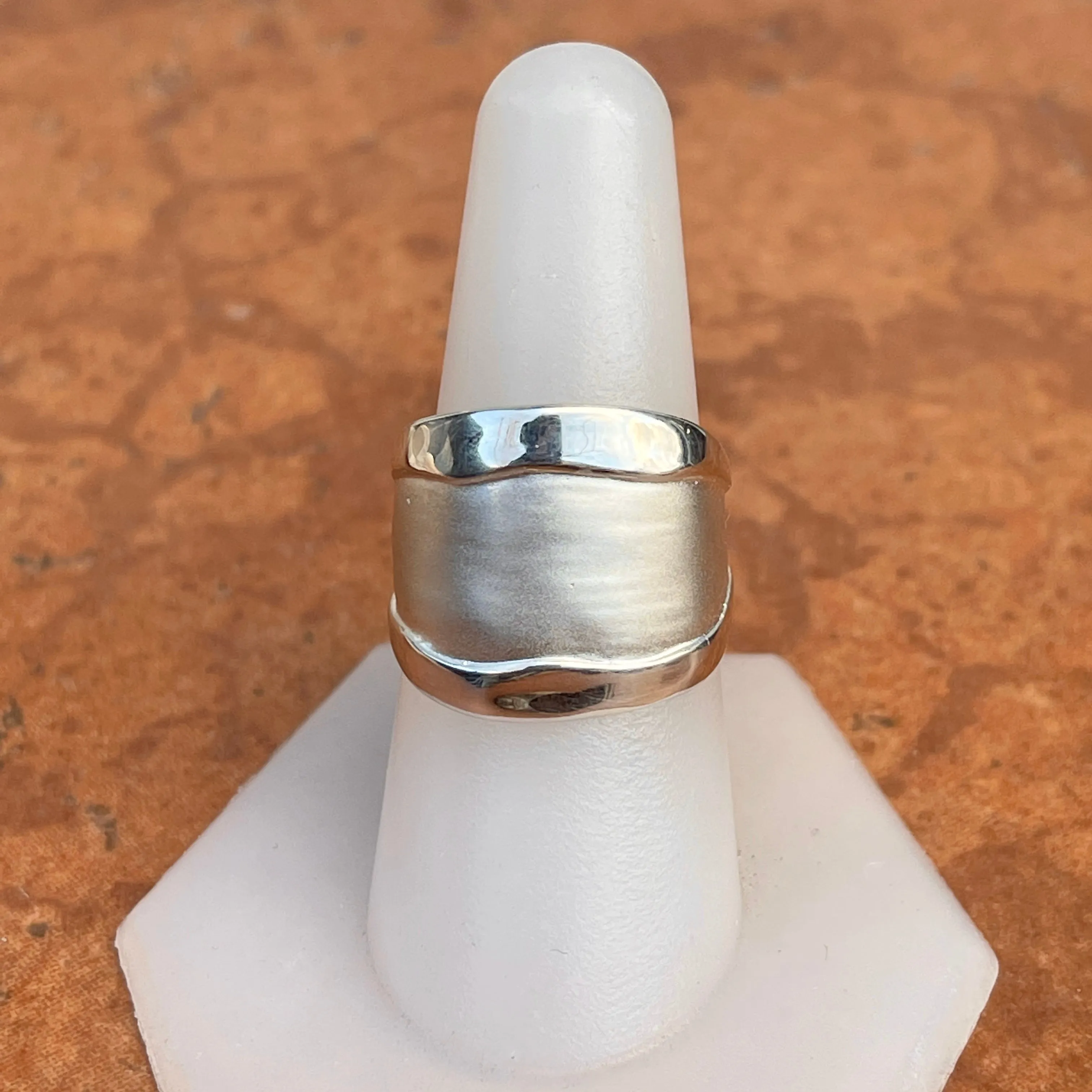 14KT White Gold Wide Artistic Polished   Matte Cigar Band Ring
