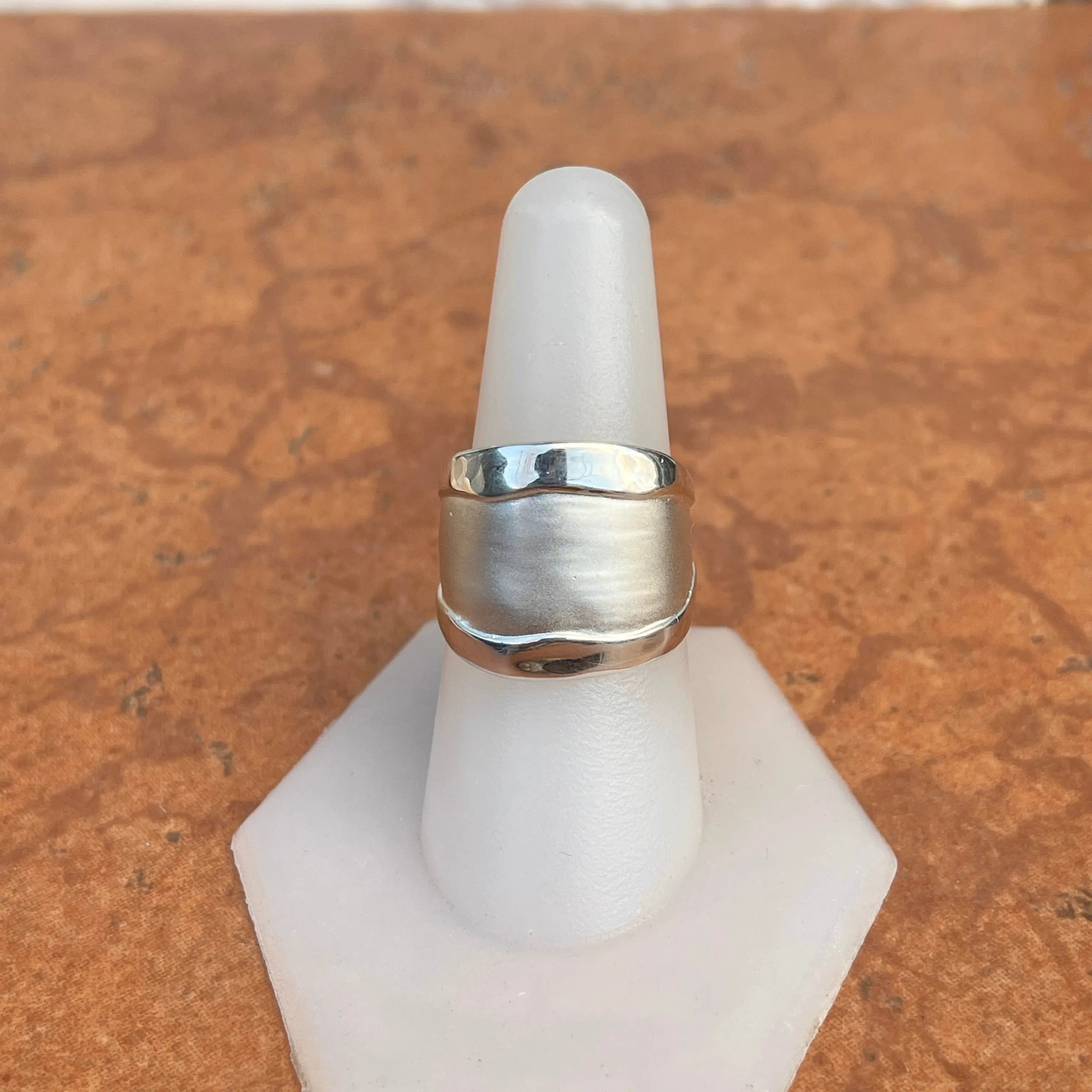 14KT White Gold Wide Artistic Polished   Matte Cigar Band Ring