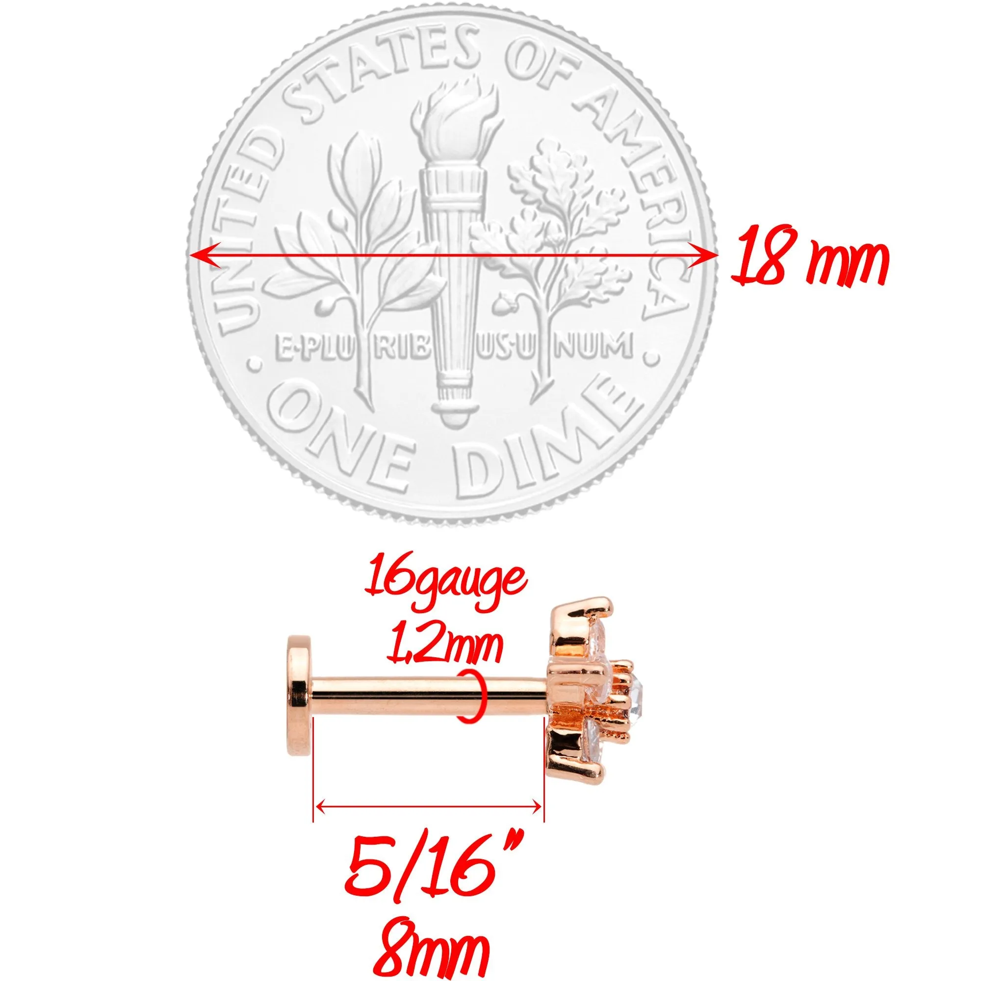 16 Gauge 5/16 Clear CZ Star Rose Gold Tone Internally Threaded Labret