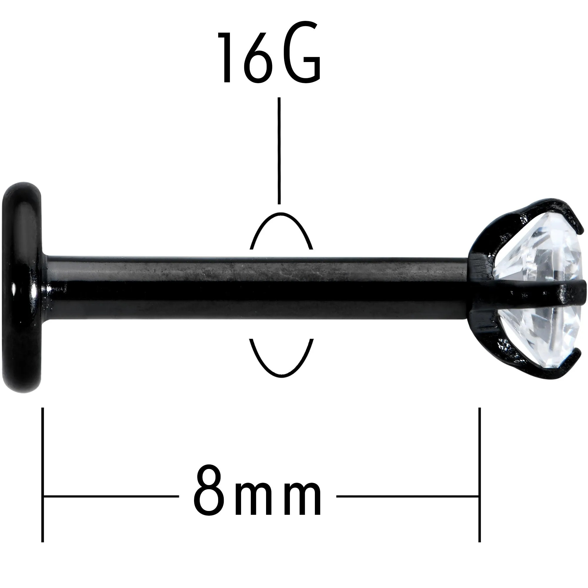 16 Gauge 5/16 Clear Gem Black Round End Internally Threaded Labret Tragus