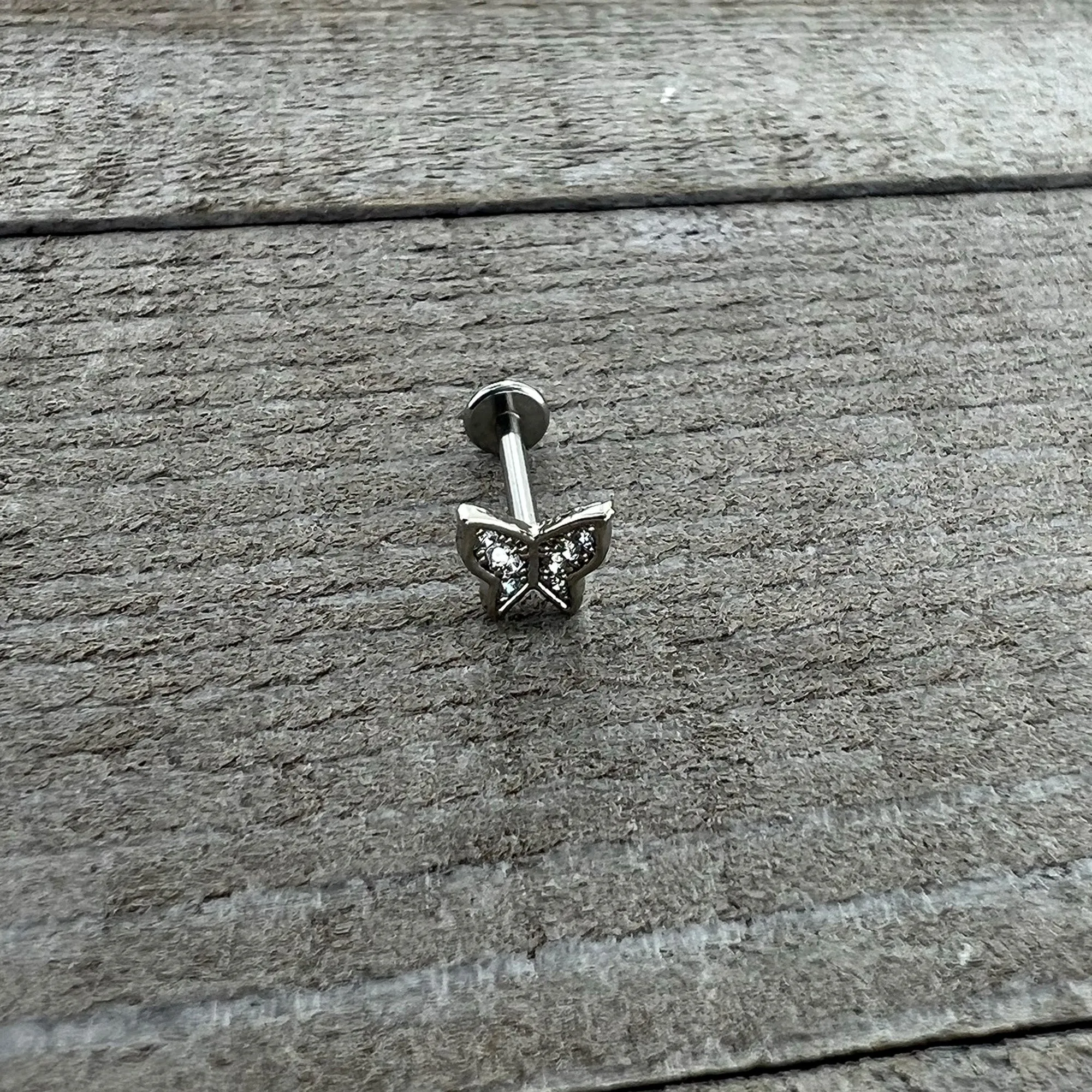 16 Gauge 5/16 Clear Gem Butterfly Internally Threaded Labret Tragus