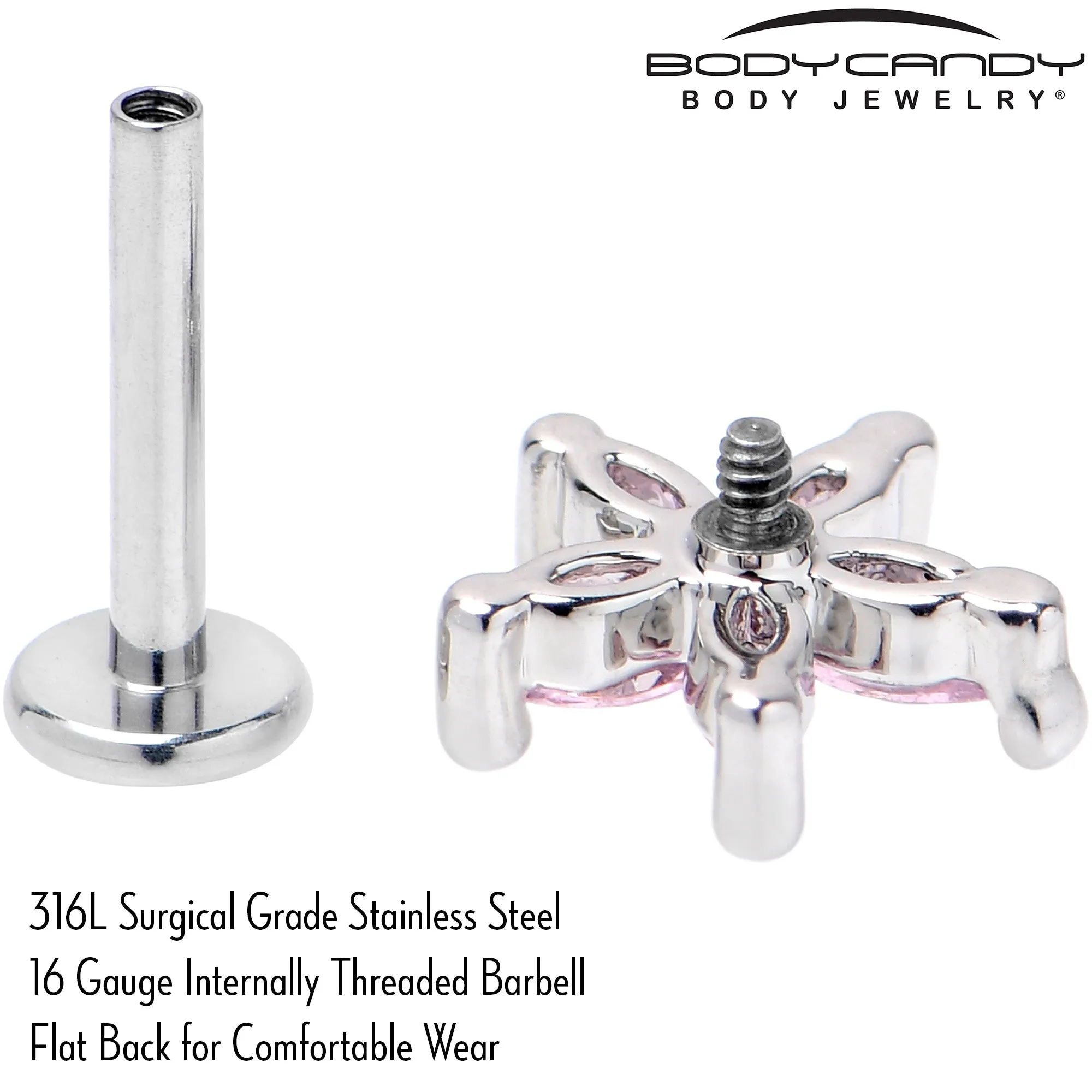 16 Gauge 5/16 Pink CZ Gem Flower Fantastic Internally Threaded Labret