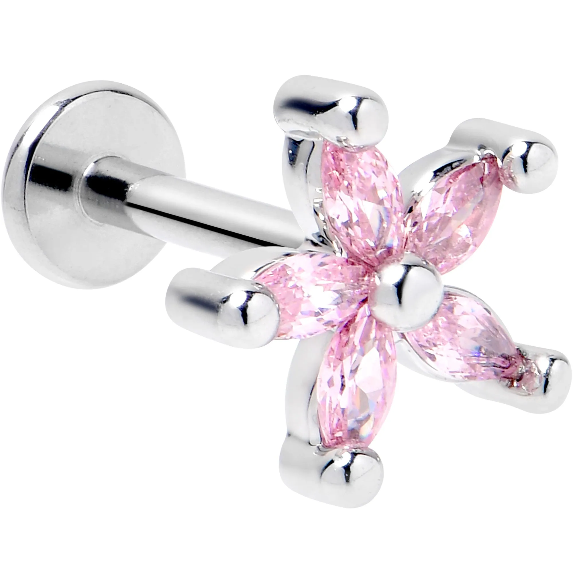 16 Gauge 5/16 Pink CZ Gem Flower Fantastic Internally Threaded Labret