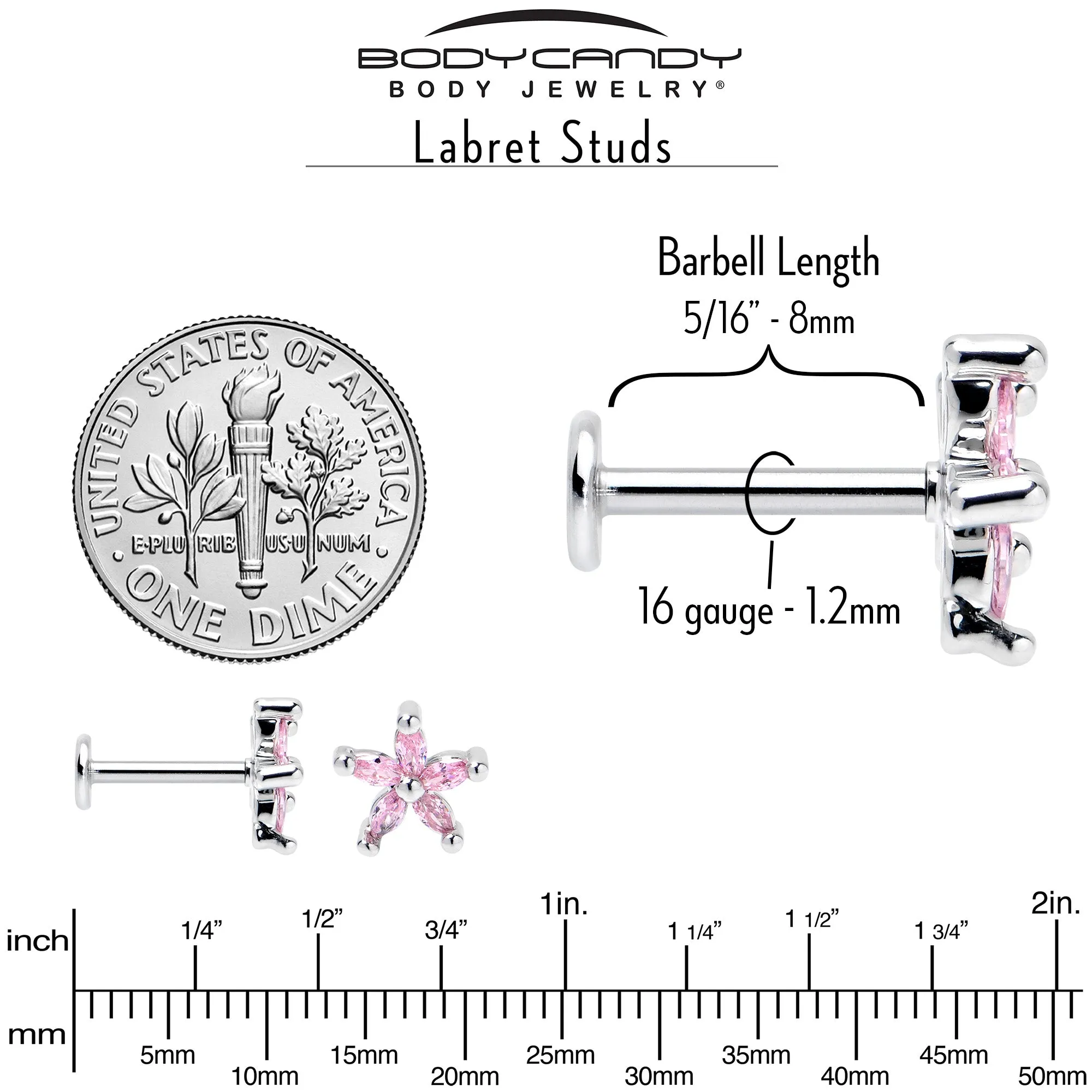 16 Gauge 5/16 Pink CZ Gem Flower Fantastic Internally Threaded Labret