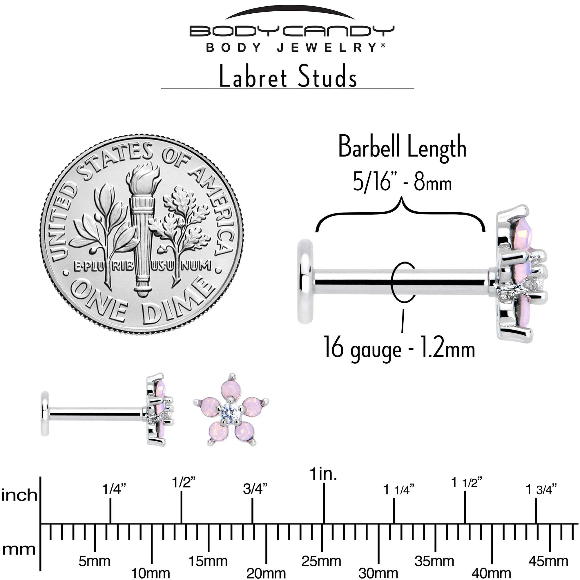 16 Gauge 5/16 Pink Faux Opal Internally Threaded Flower Labret Tragus
