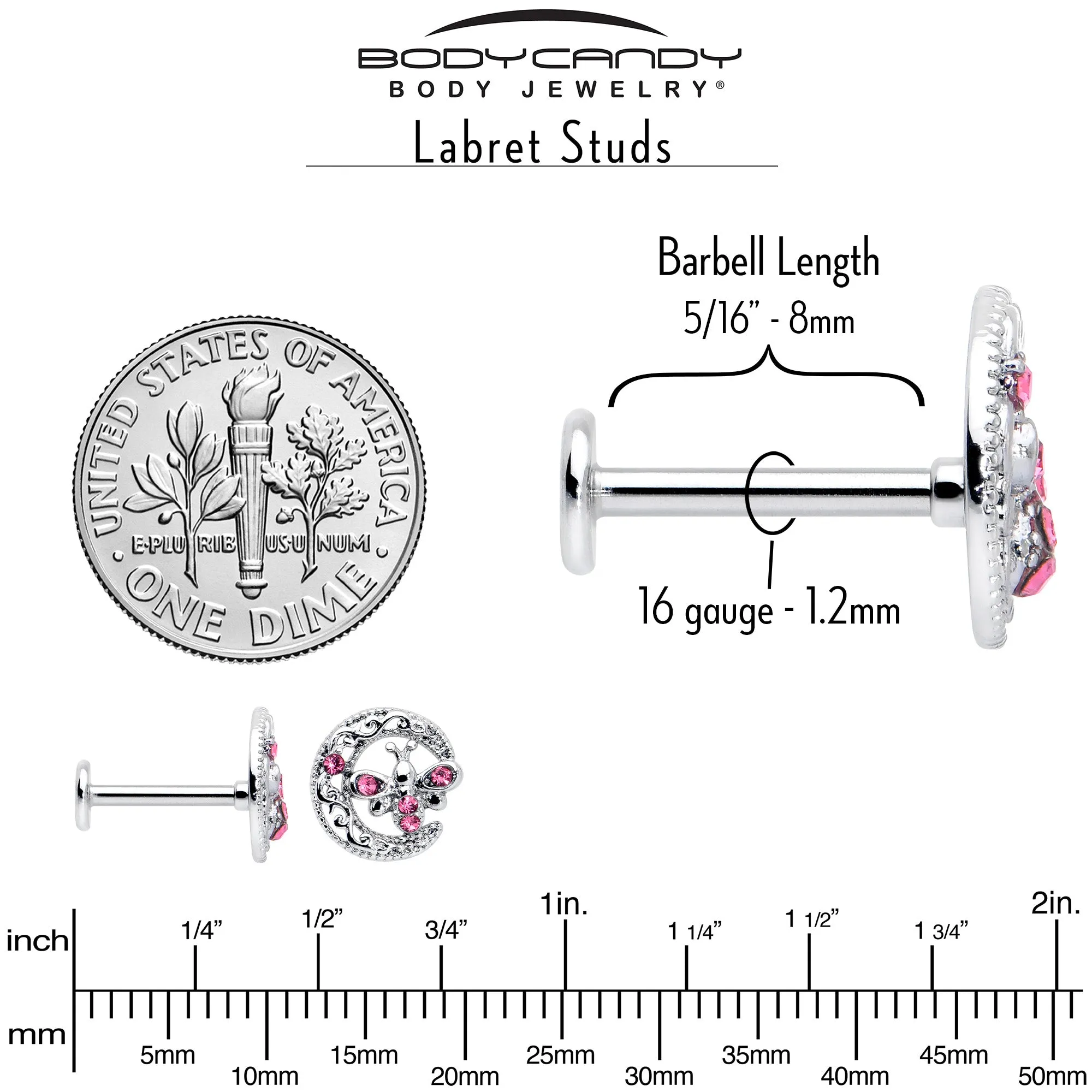 16 Gauge 5/16 Pink Gem Lunar Dragonfly Internally Threaded Labret Tragus