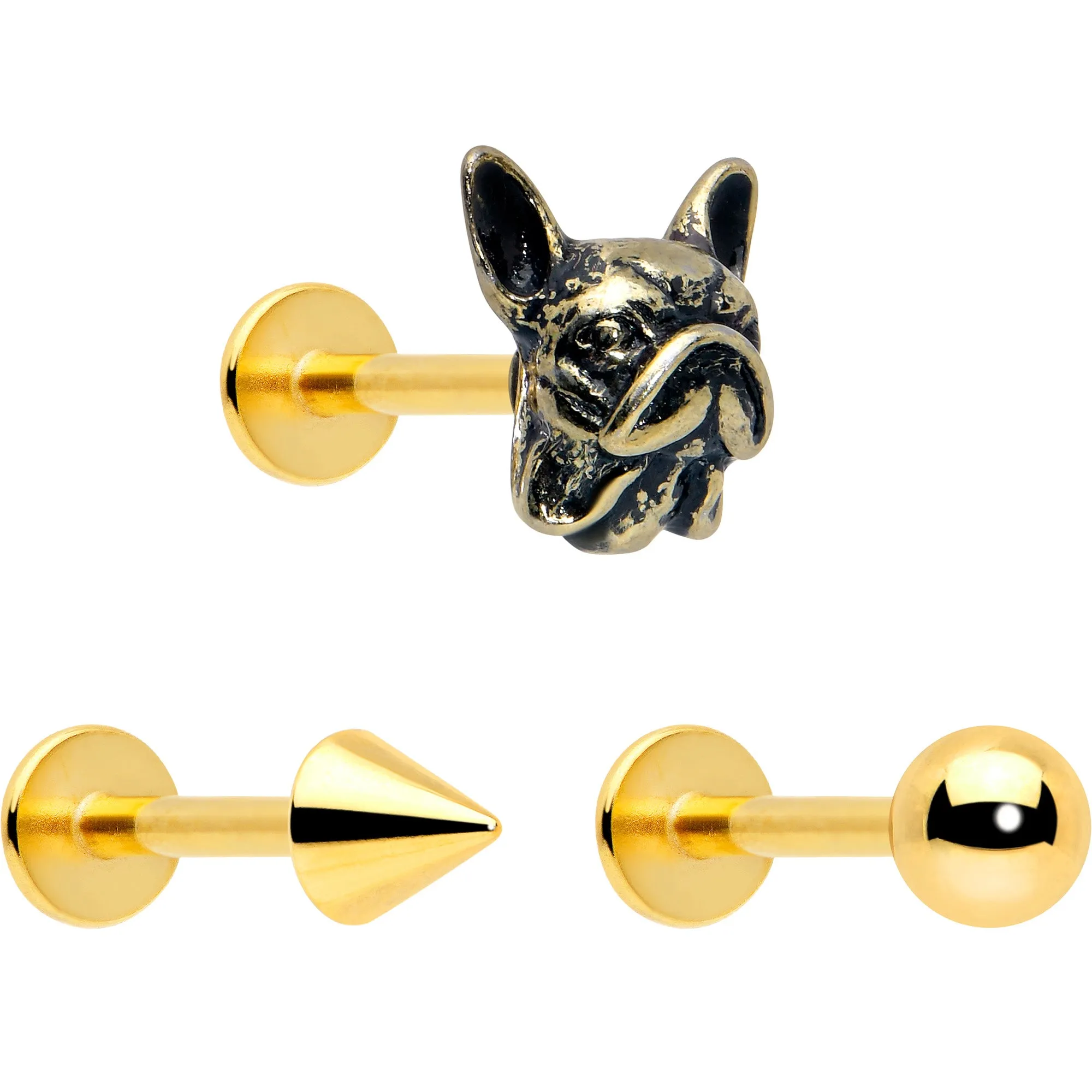 16 Gauge French Bulldog Flat Back Earring Set Internally Threaded 3 Pack