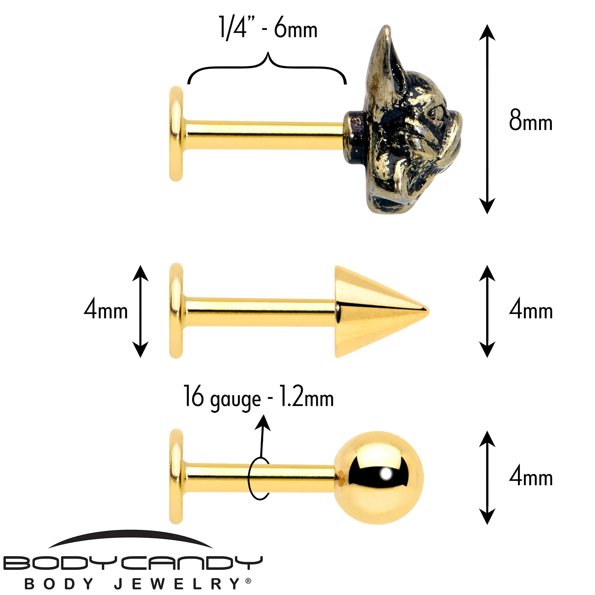 16 Gauge French Bulldog Flat Back Earring Set Internally Threaded 3 Pack