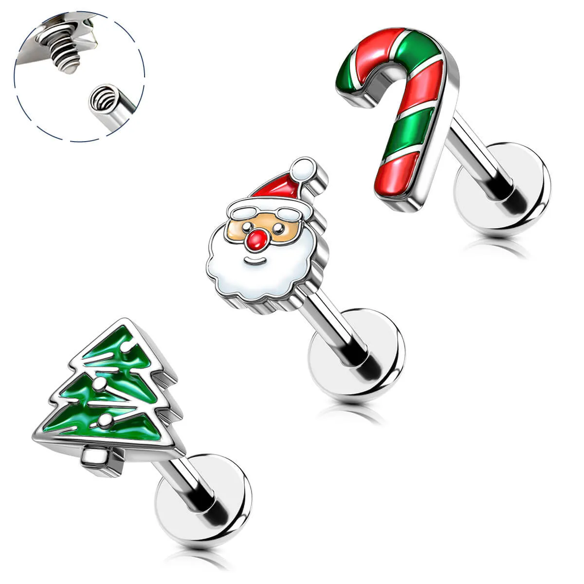 16G 3PCS Internally Threaded Candy Cane/Santa/Tree Flat Top Labret Medusa Cartilage Studs Set