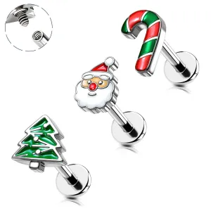 16G 3PCS Internally Threaded Candy Cane/Santa/Tree Flat Top Labret Medusa Cartilage Studs Set