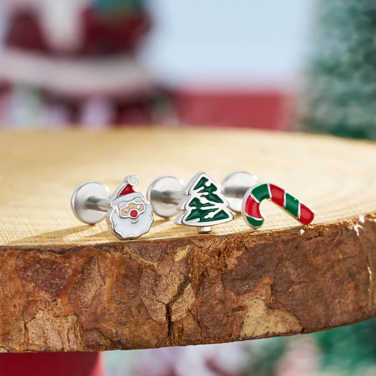 16G 3PCS Internally Threaded Candy Cane/Santa/Tree Flat Top Labret Medusa Cartilage Studs Set