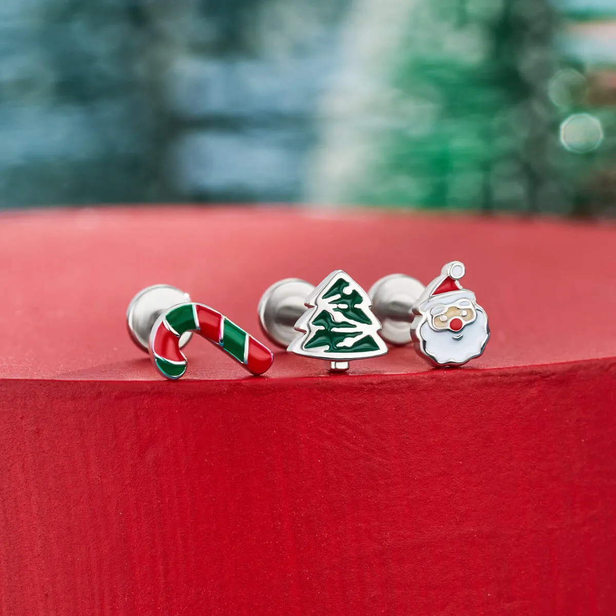 16G 3PCS Internally Threaded Candy Cane/Santa/Tree Flat Top Labret Medusa Cartilage Studs Set
