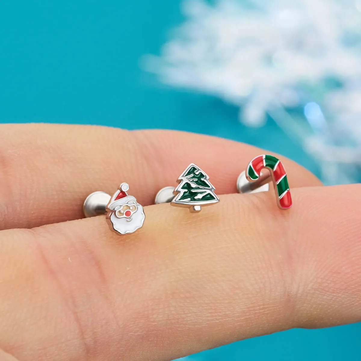 16G 3PCS Internally Threaded Candy Cane/Santa/Tree Flat Top Labret Medusa Cartilage Studs Set