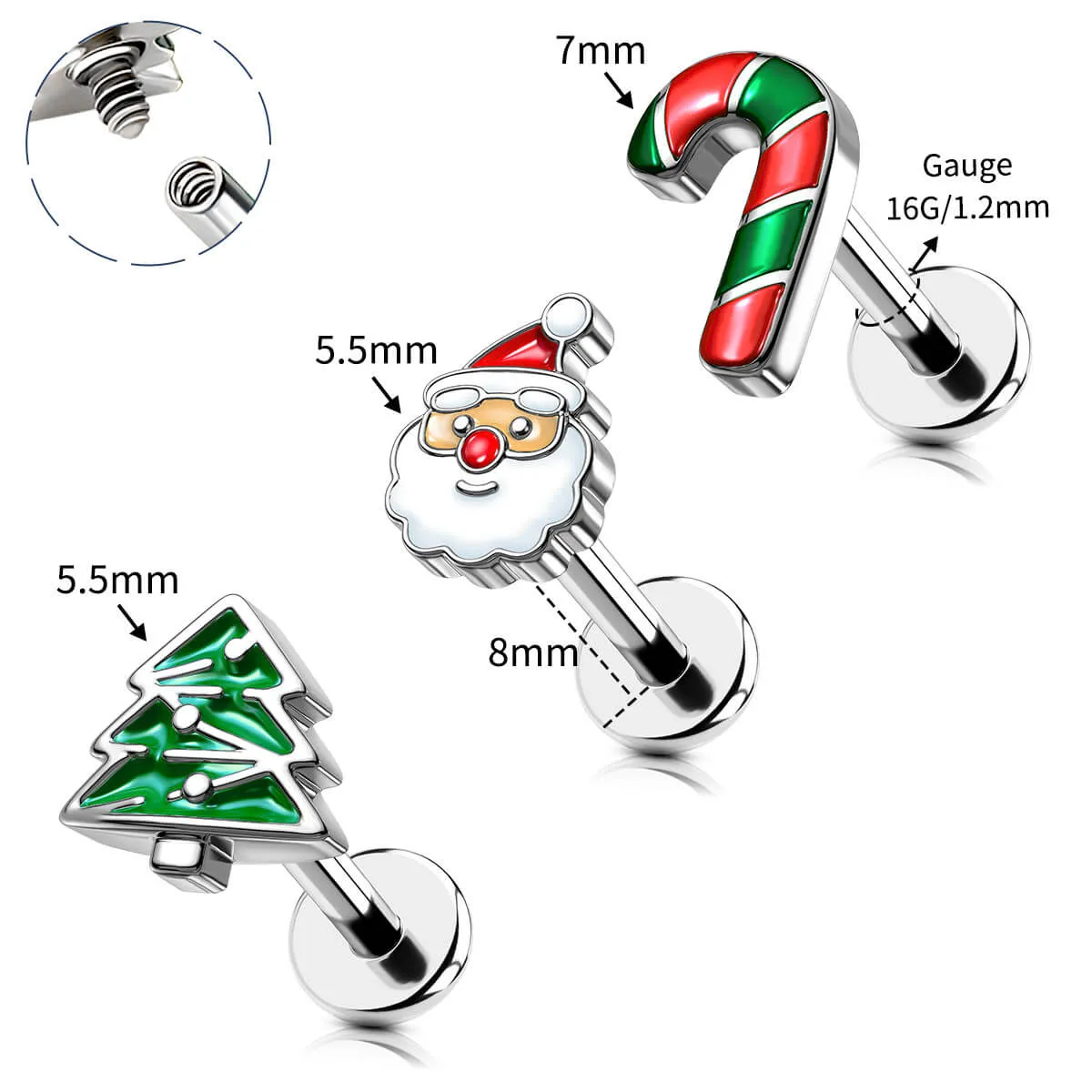 16G 3PCS Internally Threaded Candy Cane/Santa/Tree Flat Top Labret Medusa Cartilage Studs Set