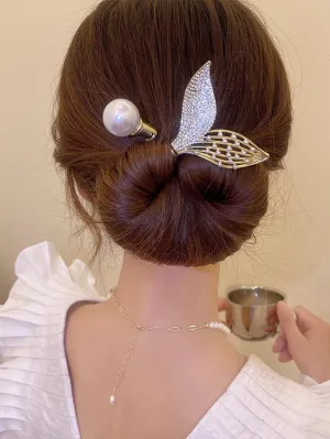 1pc Pearl & Rhinestone Fish Tail Decor Hair Tie