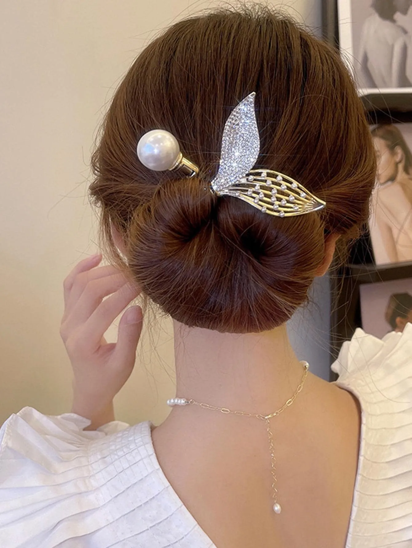 1pc Pearl & Rhinestone Fish Tail Decor Hair Tie