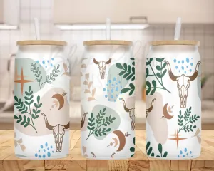 20 oz. Frosted Glass Can for Iced Coffee, Soda, Beer, etc. - Boho Bull Skull