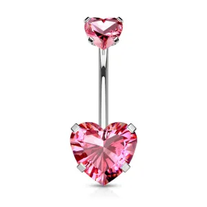 316L Surgical Steel Double Heart Pink CZ Gem Belly Button Ring