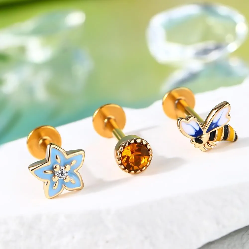 3PCS 16G Bee/Flower/Honey Labret Stud Cartilage Helix Earring