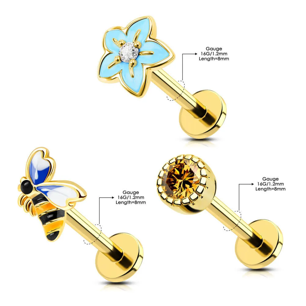 3PCS 16G Bee/Flower/Honey Labret Stud Cartilage Helix Earring