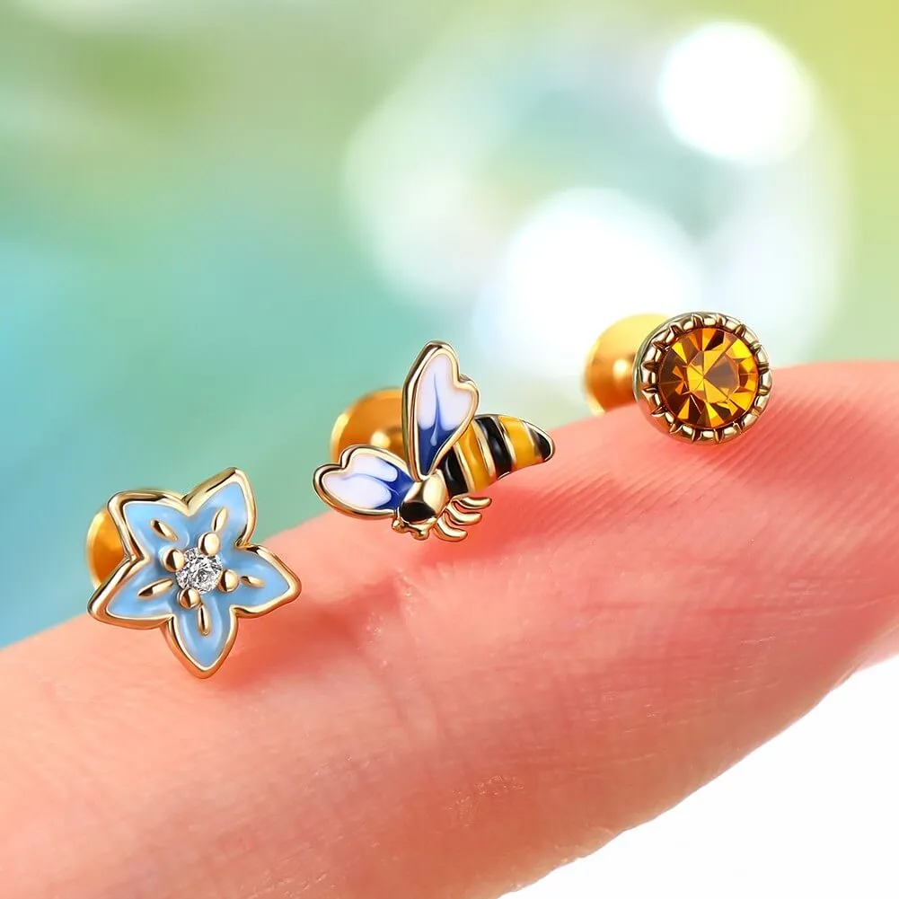 3PCS 16G Bee/Flower/Honey Labret Stud Cartilage Helix Earring