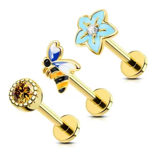 3PCS 16G Bee/Flower/Honey Labret Stud Cartilage Helix Earring