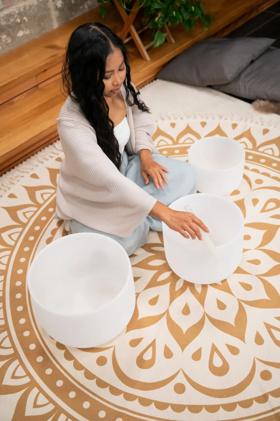 432 Hz Crystal Singing Bowls 9” A4, 11” F4, 13” D4 - Minor Tri-Chakra Set