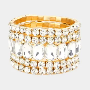 5 Pieces - Clear Stone Stretch Multi Layered Pageant Bracelets on Gold | Prom Jewelry |  564238