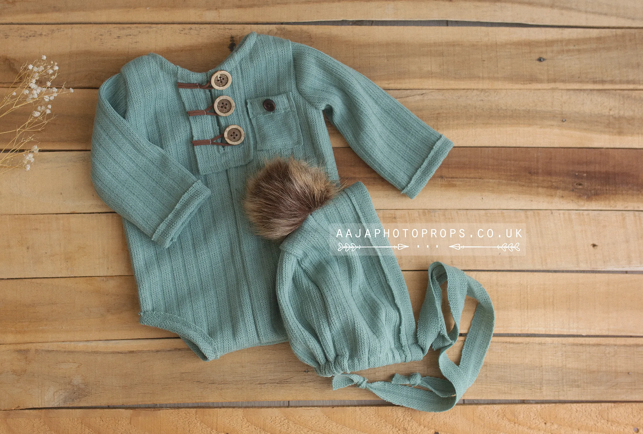 6-12 size romper and bonnet, cream, fur pom pom, made to order
