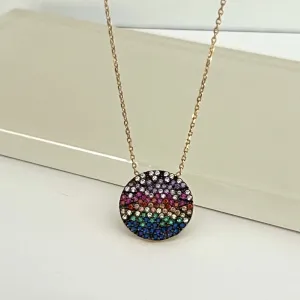925 Sterling Silver CZ Multi Colored Round Pendant Necklace - Gold