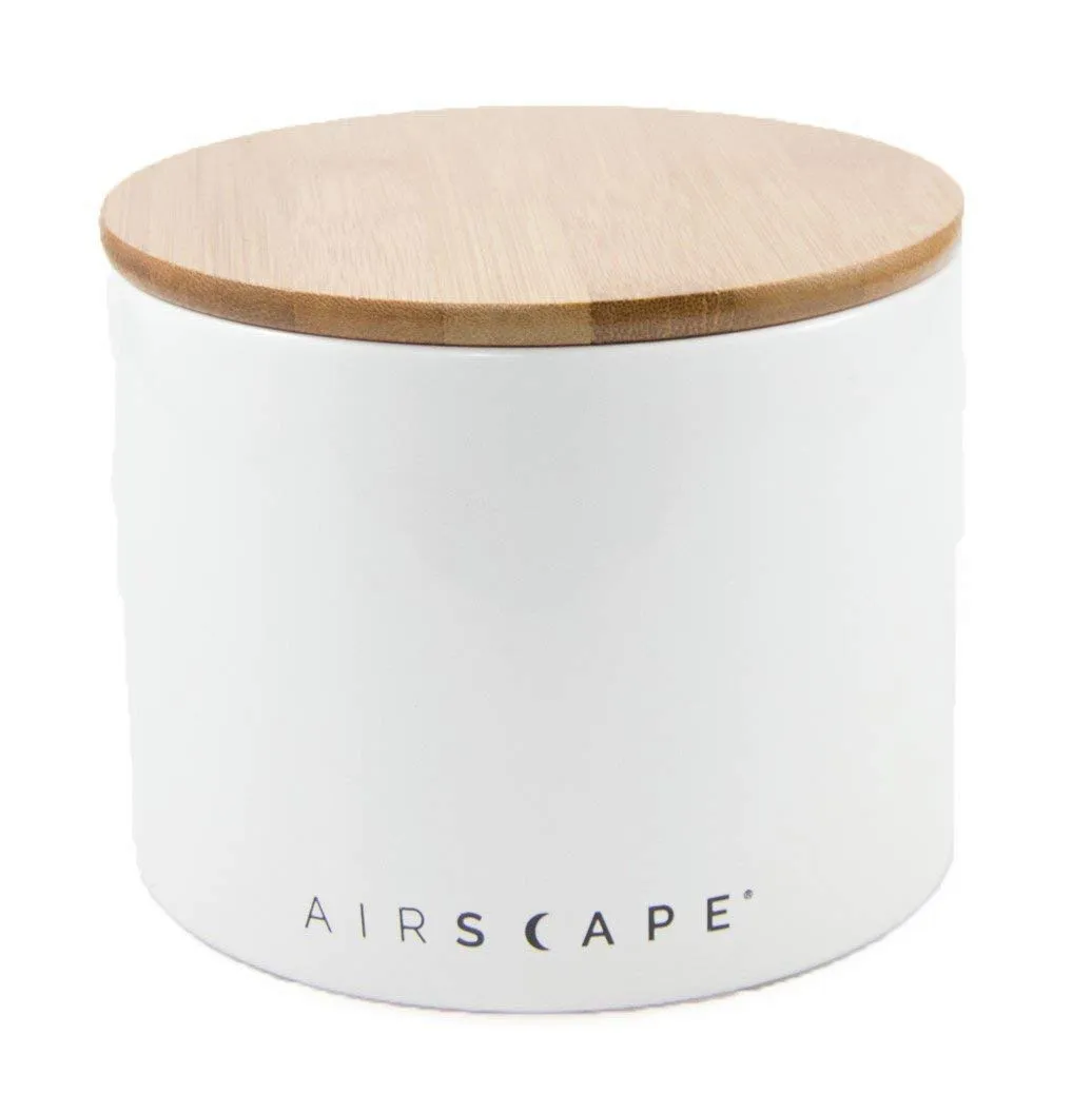 Airscape Ceramic and Food Storage Canister, 4" Small - Patented Airtight Inner Lid Preserves Food Freshness - Glazed Ceramic with Bamboo Top - Snowflake White