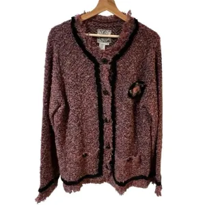 Anthropologie Curio Boucle Sweater Jacket Mauve Rosette Vintage Retro Artsy 2X