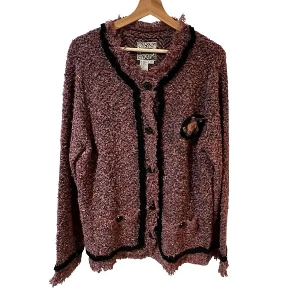 Anthropologie Curio Boucle Sweater Jacket Mauve Rosette Vintage Retro Artsy 2X
