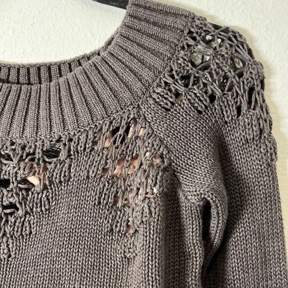 Anthropologie Heartloom Carina Sweater XS Gray Pullover Cutout Neck Off Shoulder