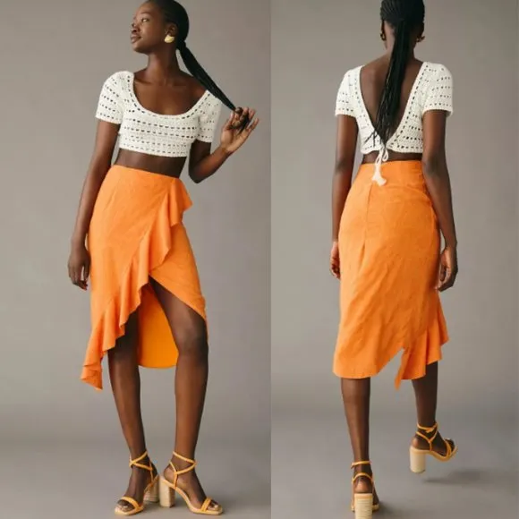 Anthropologie Maeve Slim Ruffle Wrap Skirt NWT in Orange 12